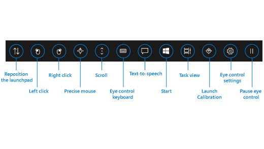 Das Eye Control Launchpad enthält Schaltflächen, mit denen Sie das Launchpad neu positionieren, die linke und rechte Maustaste aktivieren, die präzise Maus- und Bildlaufsteuerung verwenden, die Eye Control-Tastatur, die Text-to-Speech-Funktion, das Windows-Startmenü und die Aufgabenansicht öffnen können. Sie können außerdem Ihren Eye Tracker kalibrieren, die Eye Control-Einstellungen öffnen und die Eye Control pausieren, um das Launchpad auszublenden.